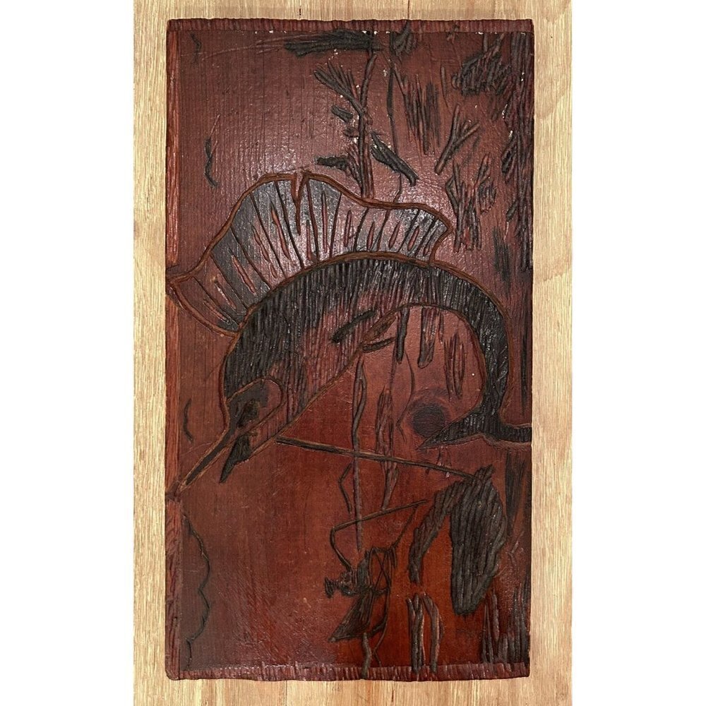 Vintage Carved Sailfish Wall Art Plaque Lodge Beach Cabin Rustic Folk Primitive